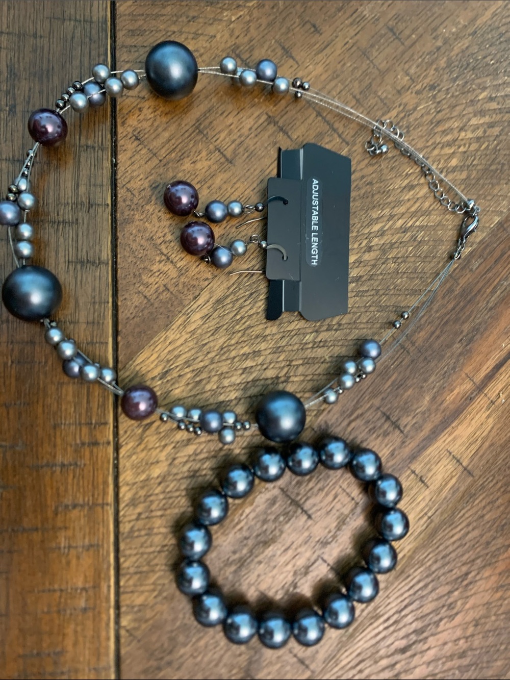 Gray and Dark Purple Pearl Necklace Set with Matching Bracelet and Earrings